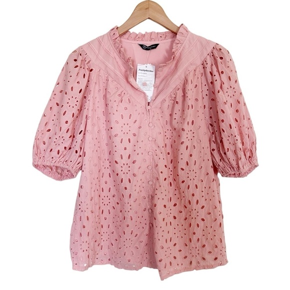 Pretty Garden Eyelet Short Lantern Puffy Sleeve  Blouse Size Medium Dusty Pink - Picture 2 of 9